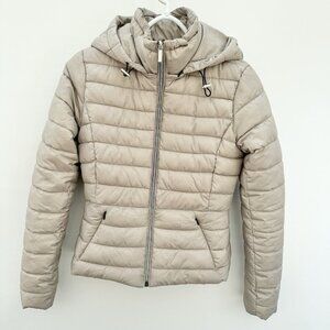 Zara Puffer Jacket women Size Small Removable Hood Beige Light Weight